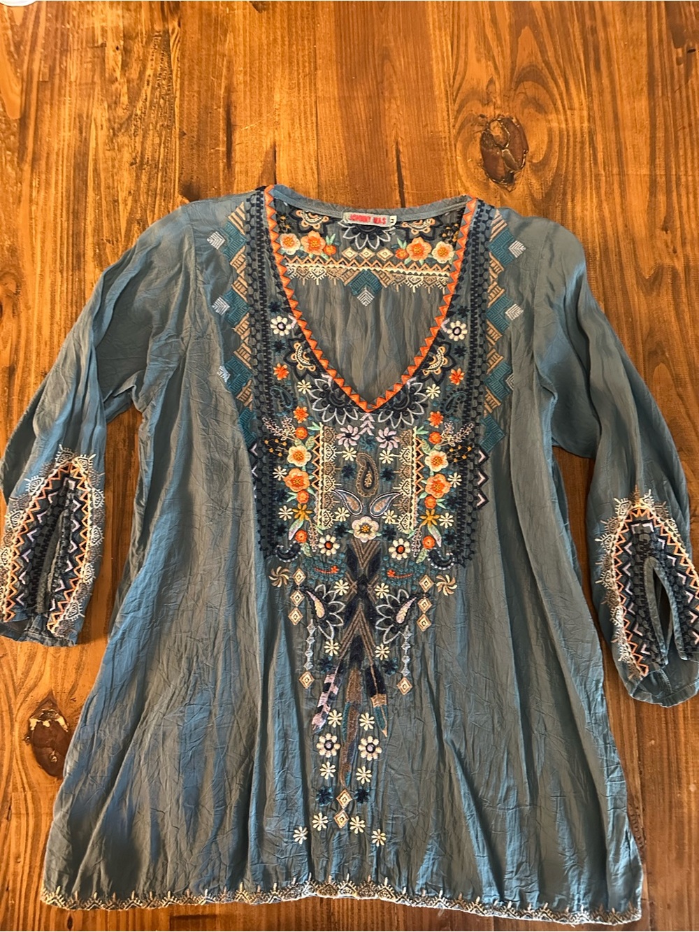 Johnny Was Blue Embroidered V-Neck Tunic with Multicolor Floral Detail